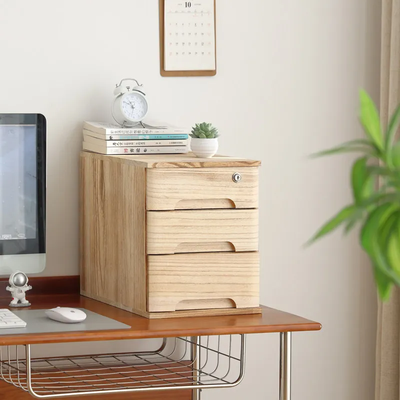 Vintage Lockable Solid Wood Desktop Drawer Storage Cabinet Large Capacity Multi Tier Stable Load Recessed Handle A4 Organizer
