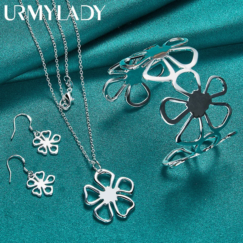 

URMYLADY 925 Sterling Silver Flower Necklace Earrings Bangles Jewelry Set For Women Wedding Party Fashion Charm Gift