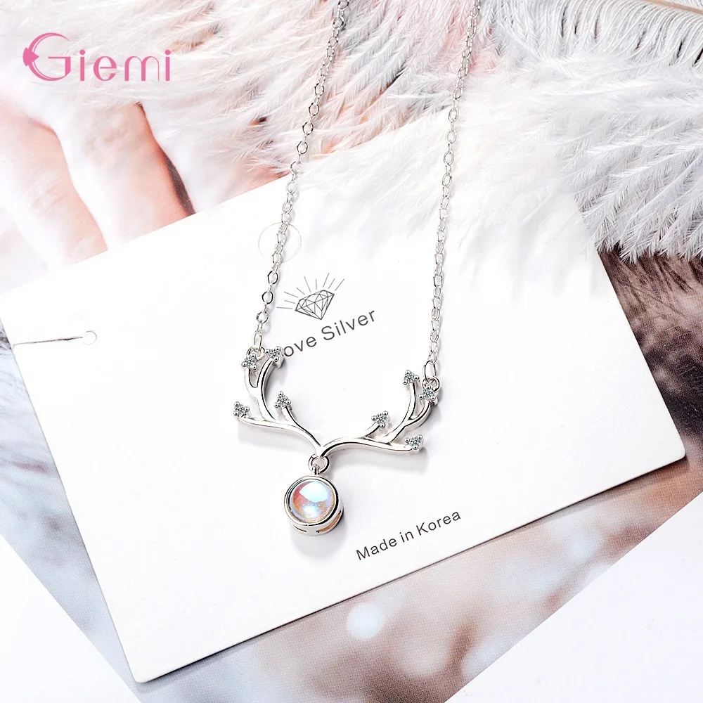 

Lovely 925 Sterling Silver Antlers Moon Stone Crystal Zircon Necklaces for Women Girls Engagement Party Trendy Jewelry Accessory