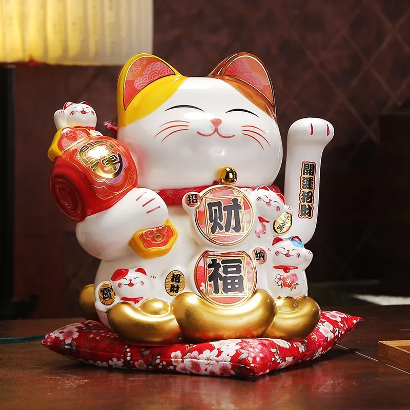 

9.5 Inch Ceramic Lucky Cat Statue Beckoning Cat Waving Hand Battery Powered Fortune Cat Maneki Neko Ornament Desktop Centerpice