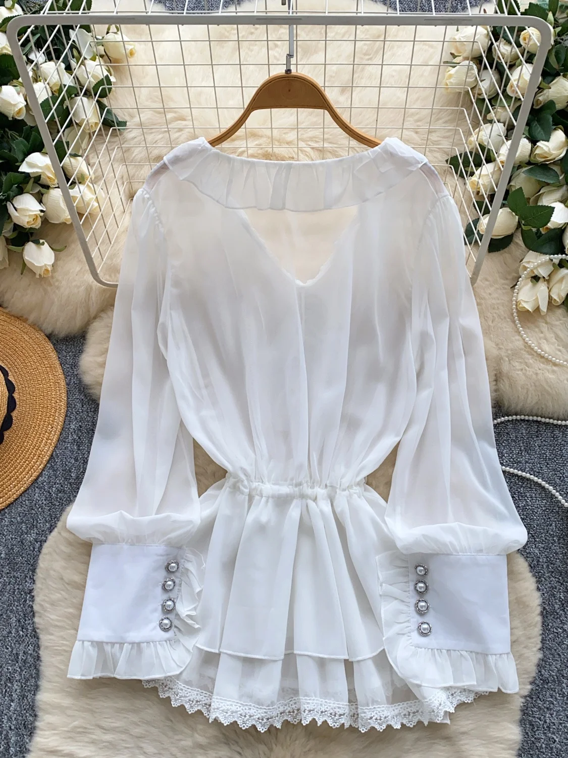 Court Sle V-Ne مطرز طويل Sve irt المرأة رقيقة الشيفون irt الخصر cinched جرس Sve الربط موسم الخريف