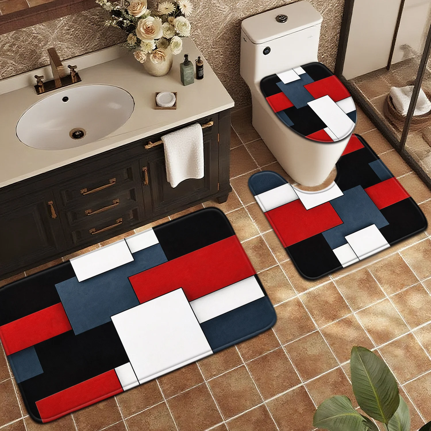 

3pcs Bathroom Three-Piece Mat Set, Home Decoration Entrance Door Mat, Toilet Lid Mat Toilet Additions Set, Red Black White