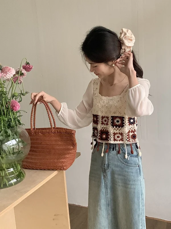 Granny Square Crochet Top Women Square Neck Long Sleeve Open-Knit Embroidery Floral Blouse Summer Fairycore Cottagecore Outfit