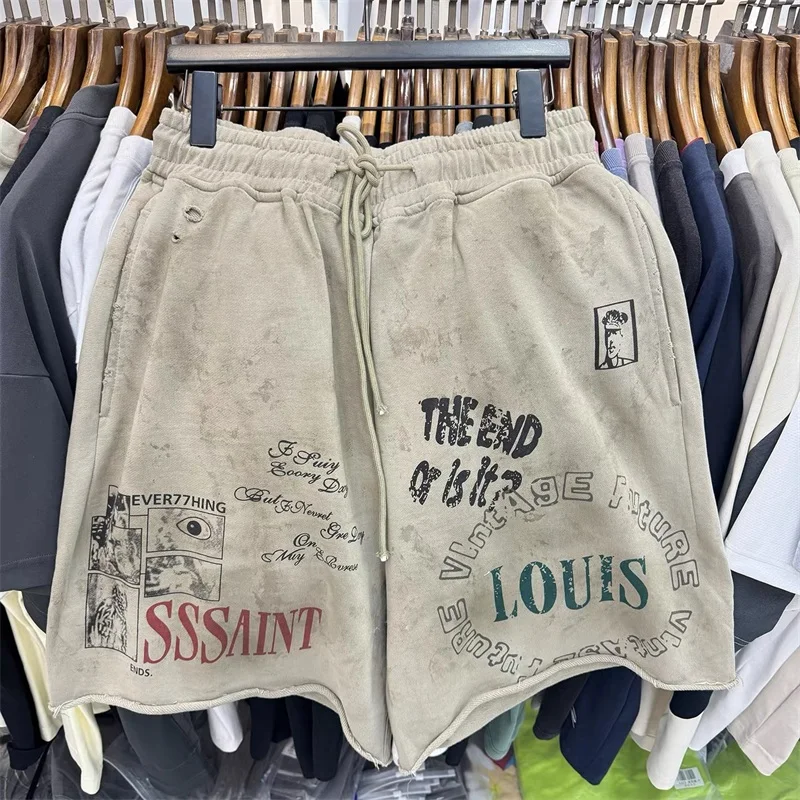 SSSAINT LOUIS Men Shorts Graffiti Print Washed Retro Oversized Shorts
