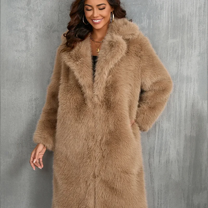 Casaco Faux Fur de luxo para mulheres, casaco longo quente, lapela peludo, Streetwear Cardigan, Casacos grossos à prova de vento, roupas de inverno