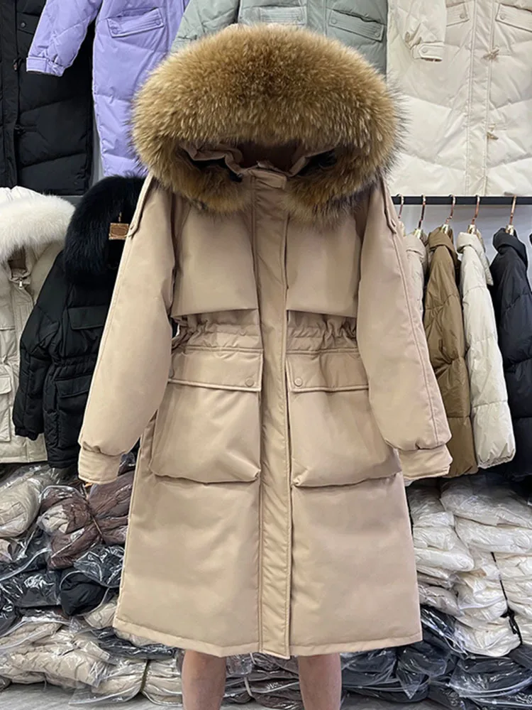 Large Natural Raccoon Fur Hooded Long Down Coat Women Winter 90% Duck Down Parkas Female Thickness Sash Tie Up Jackets