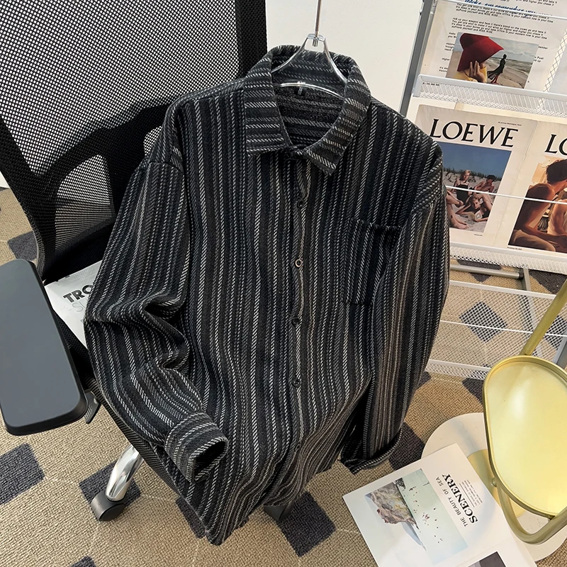 

2024 Long Sleeved Korean Striped Loose Men's Shirts Buttoned Casual Clothing Social Tops Male Chic Dress Fashion Blouses N158