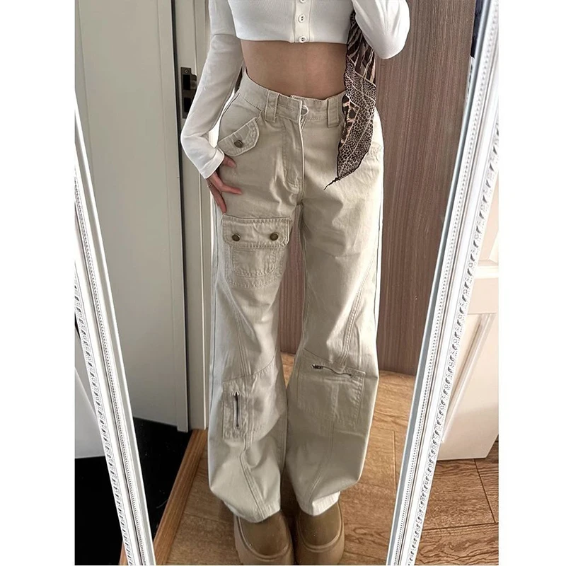 American Multi Pocket Cargo Jeans Women High Waist Streetwear Straight Trouser Autumn High Street Fashion Loose Female Pants New