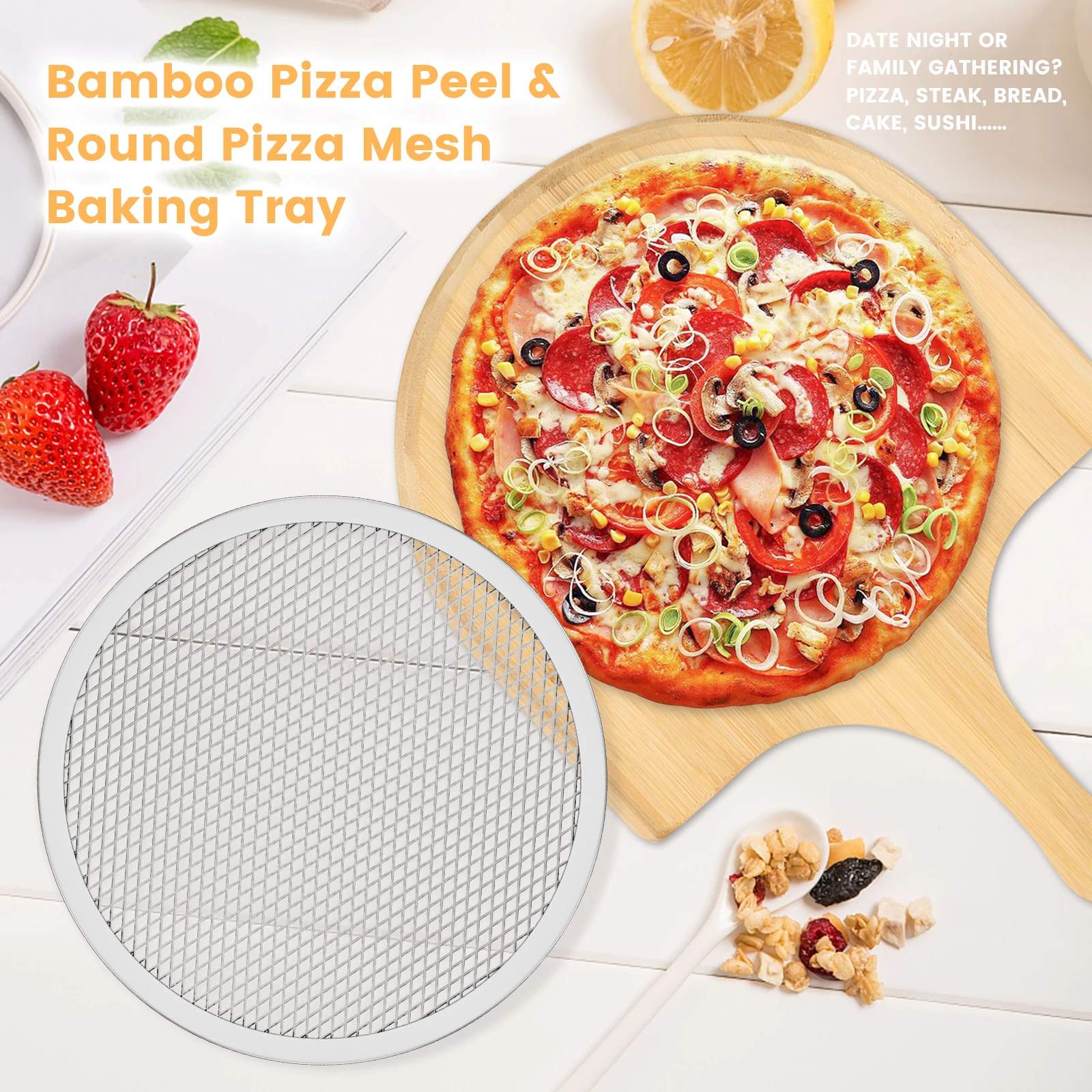 Pizza Peel and Screen Set Bamboo Pizza Paddle with Handle Lightweight Pizza Board Smooth Pizza Spatula Paddle Multipurpose Pizza