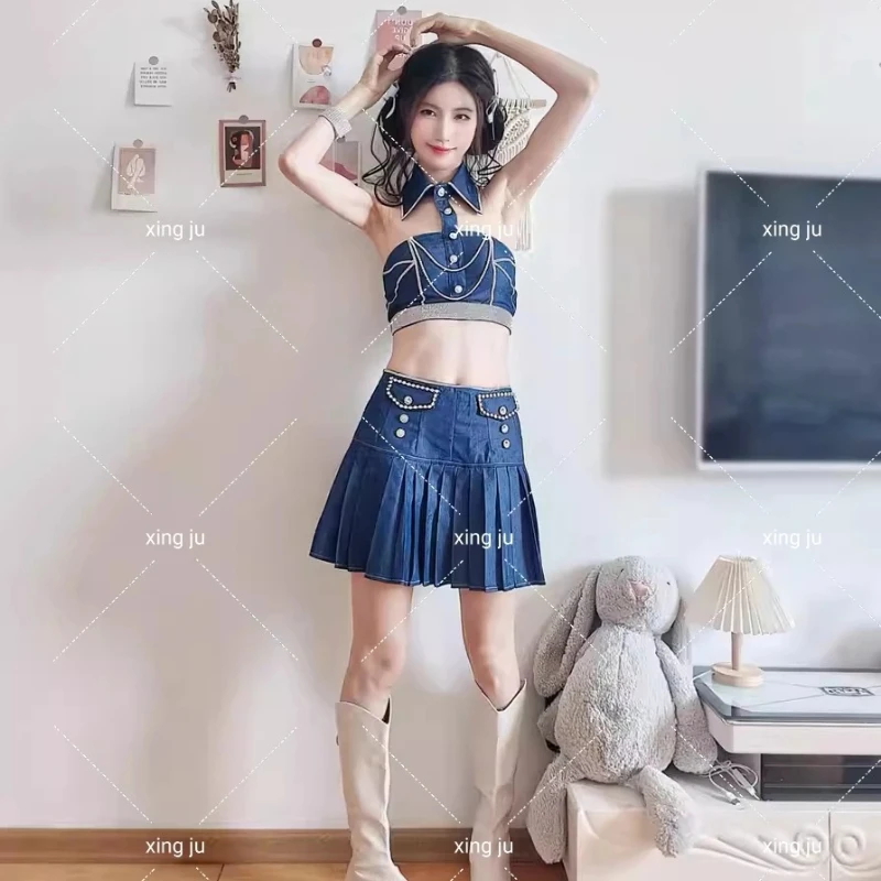 Xing Ju Korean Women Group Jazz Dance Costume Sexy Denim Short Tops Tassel Pleated Skirt Hip Hop Outfits Nightclub DJ Stage Wear