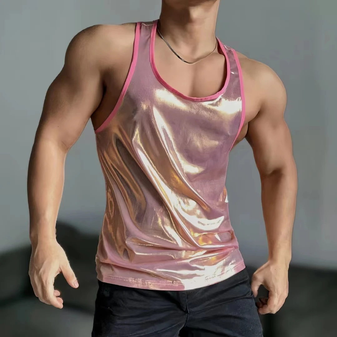 Men's sleeveless  muscle bouncing Sexy shoulder strap Liquid Pink blue Tank Top Bar Nightclub Male Singer Stage Dance Wear