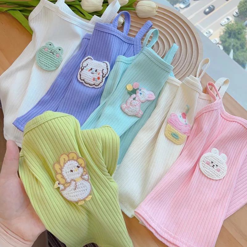6-Pack Summer Baby Girl Clothes Ribbed Tank Top Cute Animal Patch Strap Vest Kids T Shirt Sleeveless Kawaii Camisole Tops Pastel