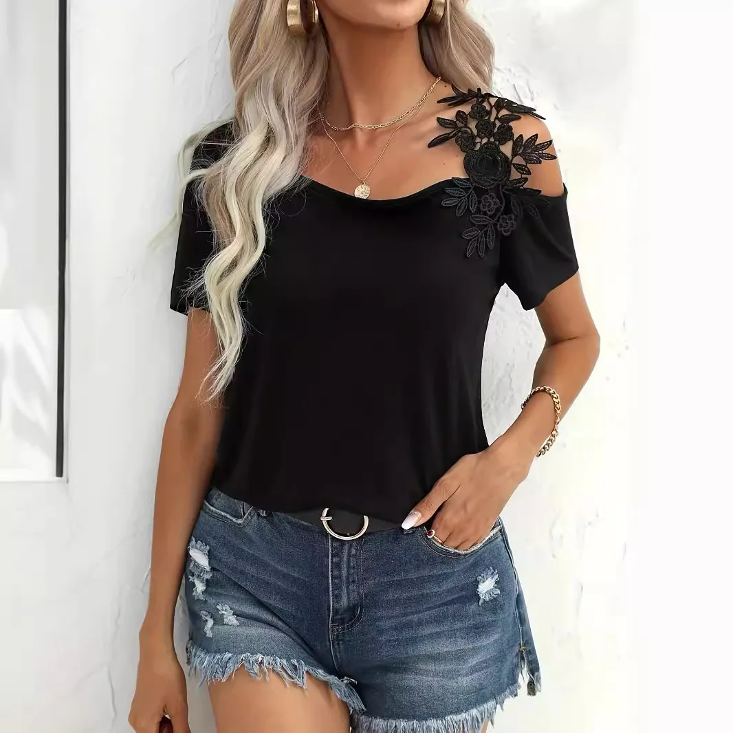

T Shirt Women Summer Lace Top Tees Short Sleeves One Shoulder Skew Collar Solid Color 2025 Female Office Lady Casual Tops