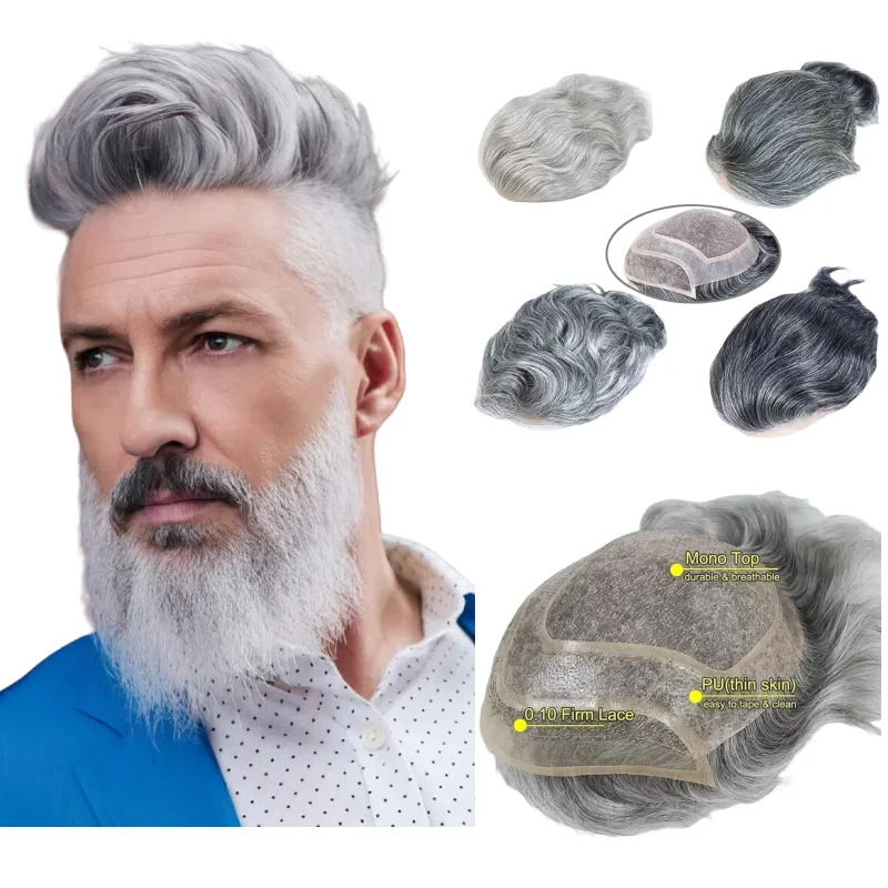 

Мужской парик с седыми волосами, 100% человеческие волосы, моно-база, 8x10 дюймов, кружево с полиуретаном для соли и перца, цвета 1B80 # 7 4T613