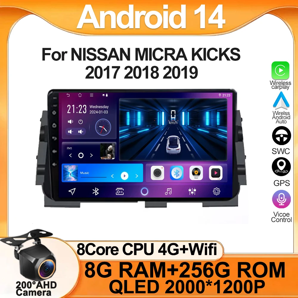 

Carplay Android 14 For NISSAN MICRA KICKS 2017 2018 2019 Car Radio Video Multimedia Player Android Auto Head Unit No 2din DVD