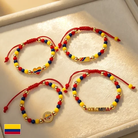 Yellow Blue Red Beads Braided Lucky Red Cord-Venezuela Colombia Flag Bracelet Adjustable Patriotic Enamel Jewelry for Men Women