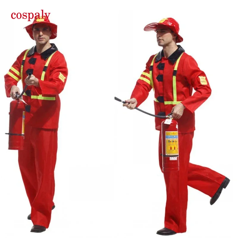 A Fancy Adult Fireman Costume Halloween Cosplay Carnival Firefighter Fire Suit Men Role Play Party Clothes Funny Firefighter