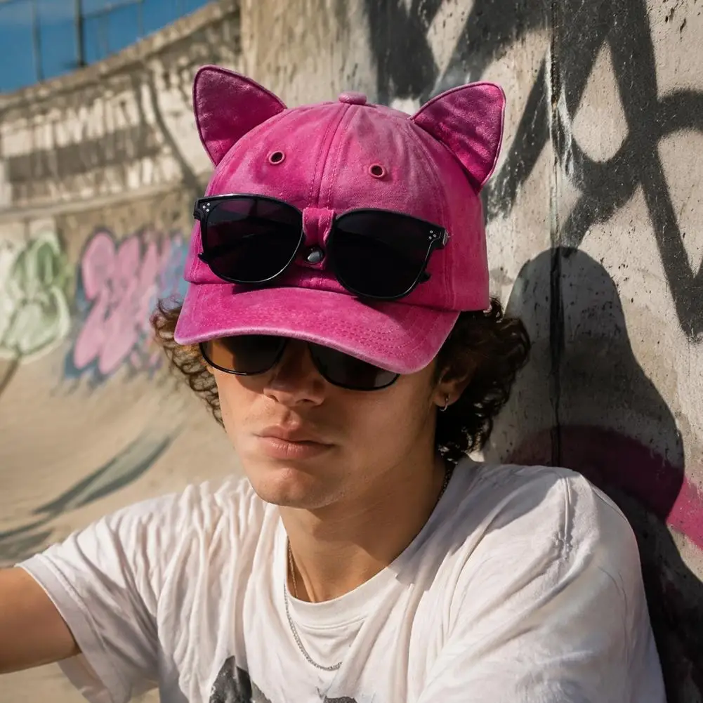 Cat Ear Trucker Hat Baseball Cap with Detachable Sunglasses Adjustable Pilot Style Cap for Outdoor Travel UV Protection
