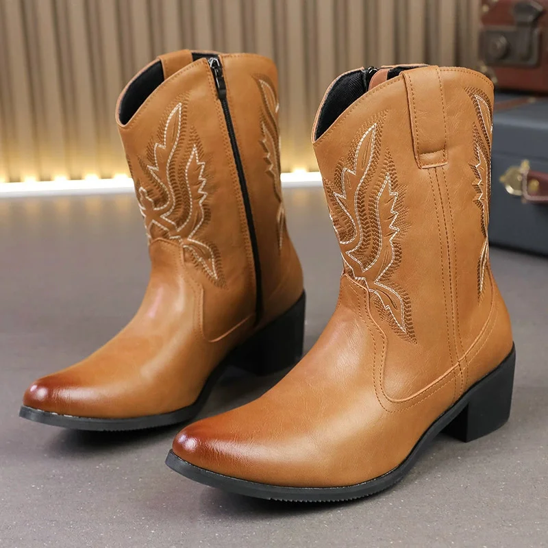 Men's Western Cowboy Boots Embroidered Mid-Calf Booties with Side Zipperblock Heel Vintage-Inspired Footwear for Country Events