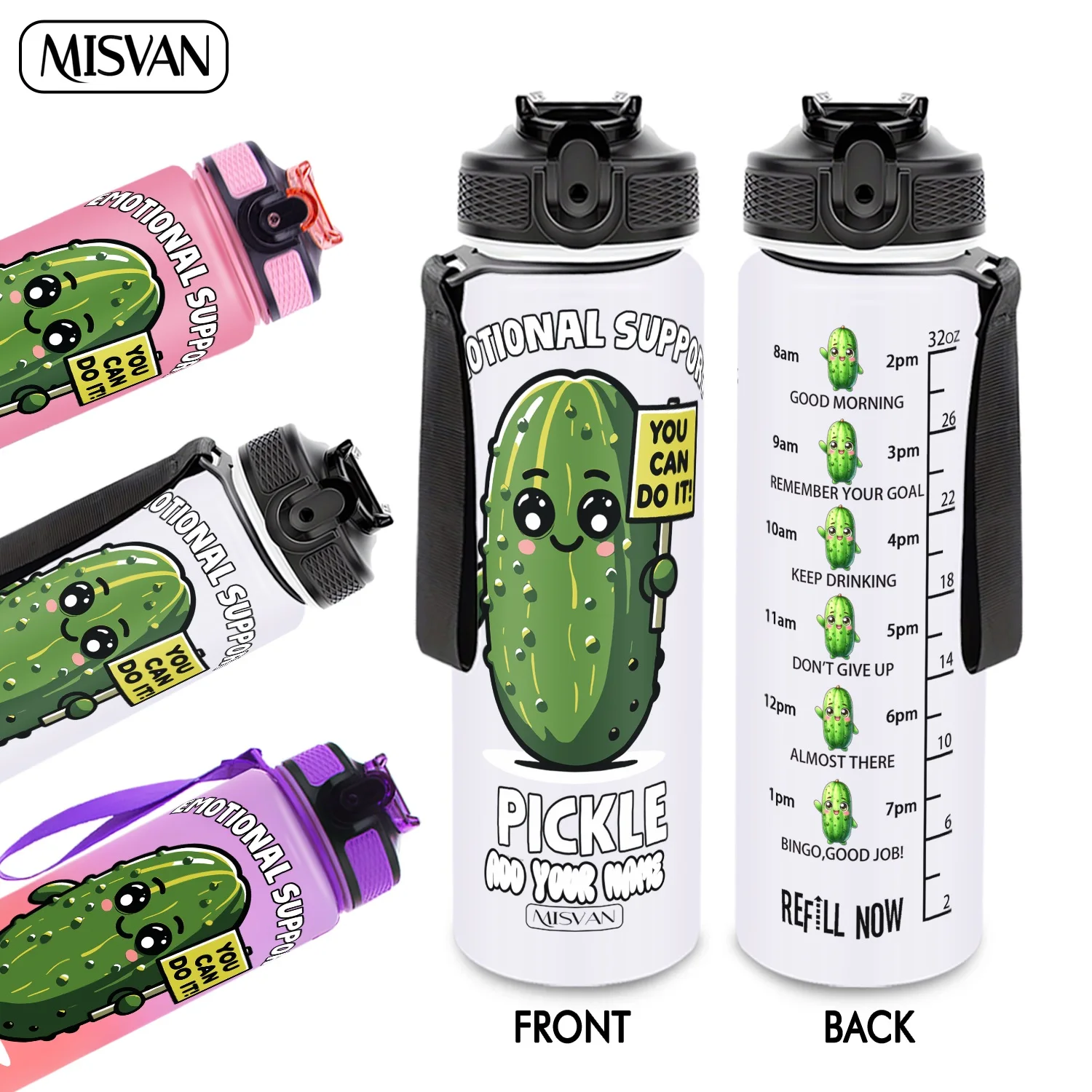 a1PC、カスタマイズ名入り32オンスウォーターボトル、キュートなピクルス感情サポートプリント、毎日の水分補給を促す、ジム、アウトドアサイクリング用