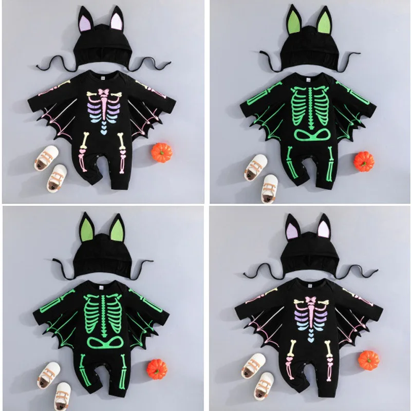 New Baby Halloween Bat Jumpsuit Children Long-Sleeve Hooded Romper Infants Newborn Kids Stretchy Comfortable Cosplay Boys Girls