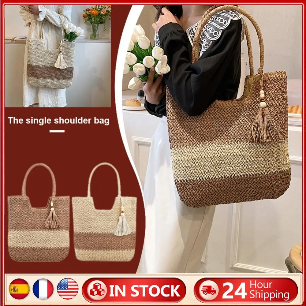 

Hand-Woven Handbags Contrast Color with Tassels Summer Straw Woven Bag Large-Capacity Handmade Casual Simple for Seaside Holiday