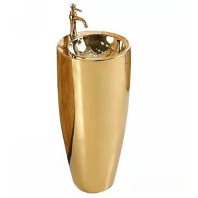 

YYHC-European Art Golden Column Basin Round Floor Standing Wash Basin Floor-to-ceiling Golden Wash Pedestal Sink