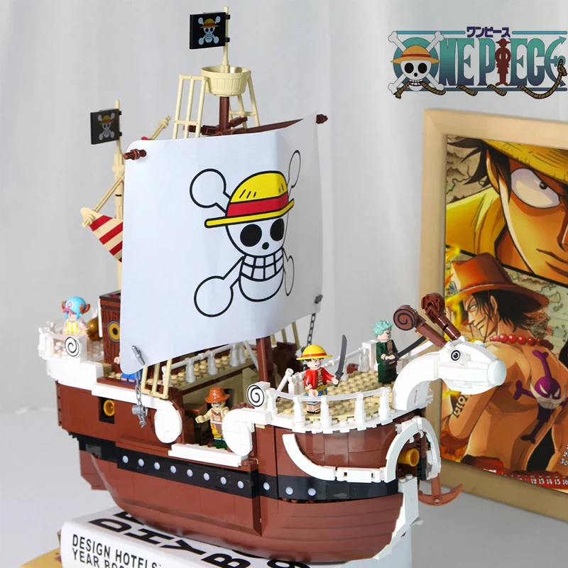 One Piece Anime Navio Blocos de Construção Brinquedo, Modelo Luffy, Super Fofo, Mini Barco, Indo Feliz, Action Figure, 23cm