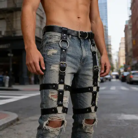 1PC Men's Punk Leather Thigh Harness Garter Belt With Leg Rings