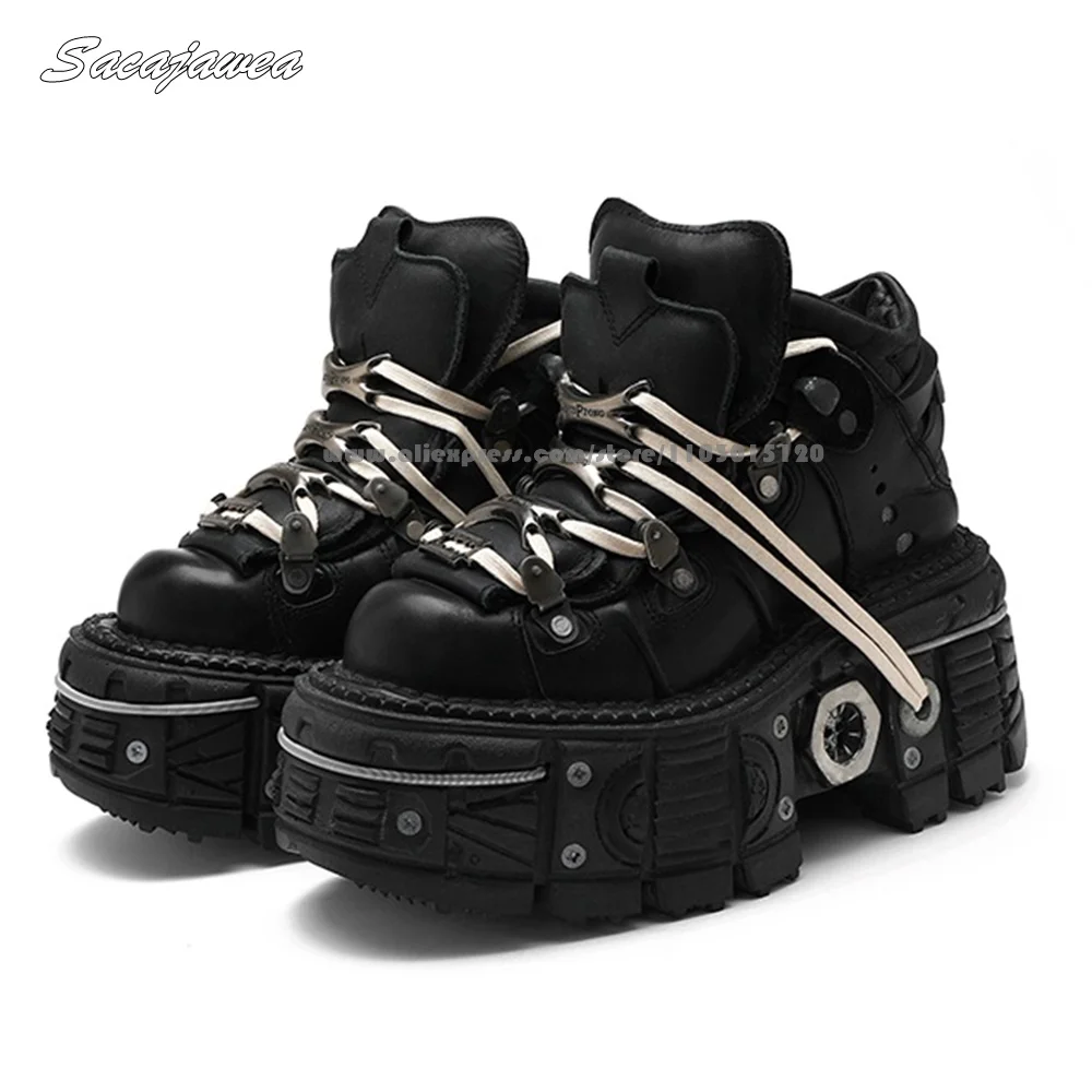 Patent Leather Punk Style Motorcycle Ankle Boots Size 35-45 Metal Screws Y2K Cool Girl Boots Round Toe Platform Casual Boots