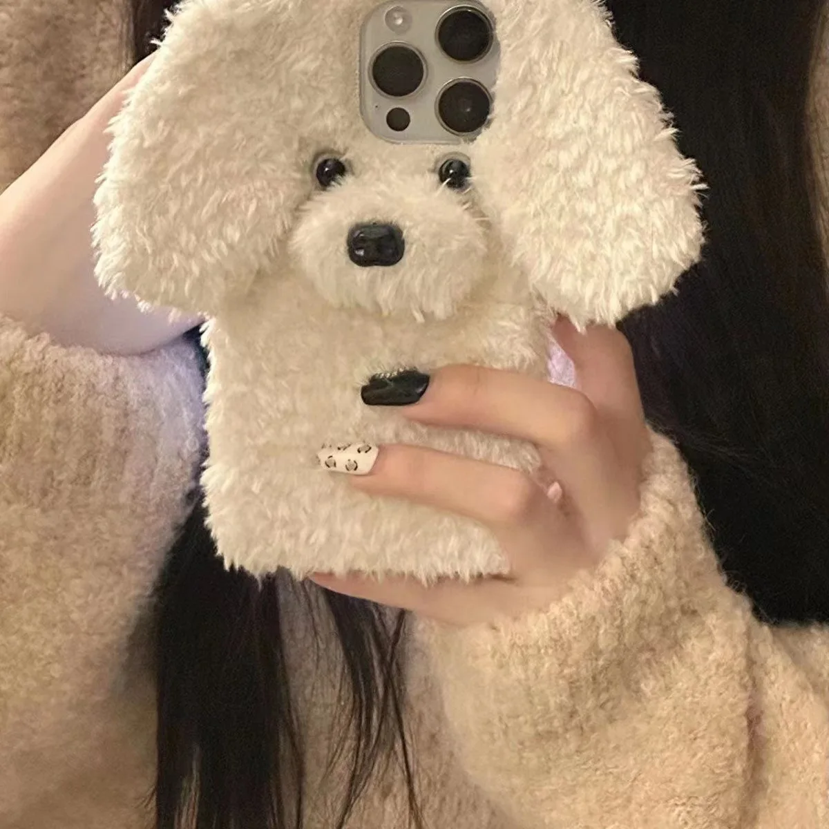 cute dog plush suitable phone case for Soft Plush Phone Case For iPhone 16 12 13 14 15Pro Max mini Plus 3D Furry Fur Back Cover