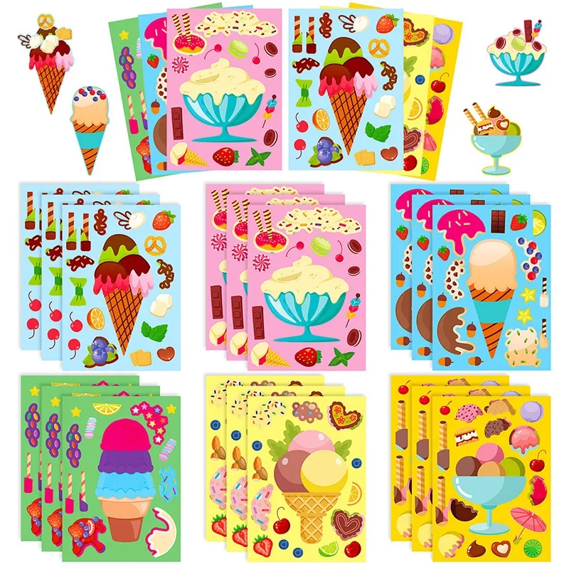 6Pcs Ice Cream Dessert DIY Cute Food Cartoon Puzzle Sticker Creative Sweet Face Changing Stickers Children's Toys