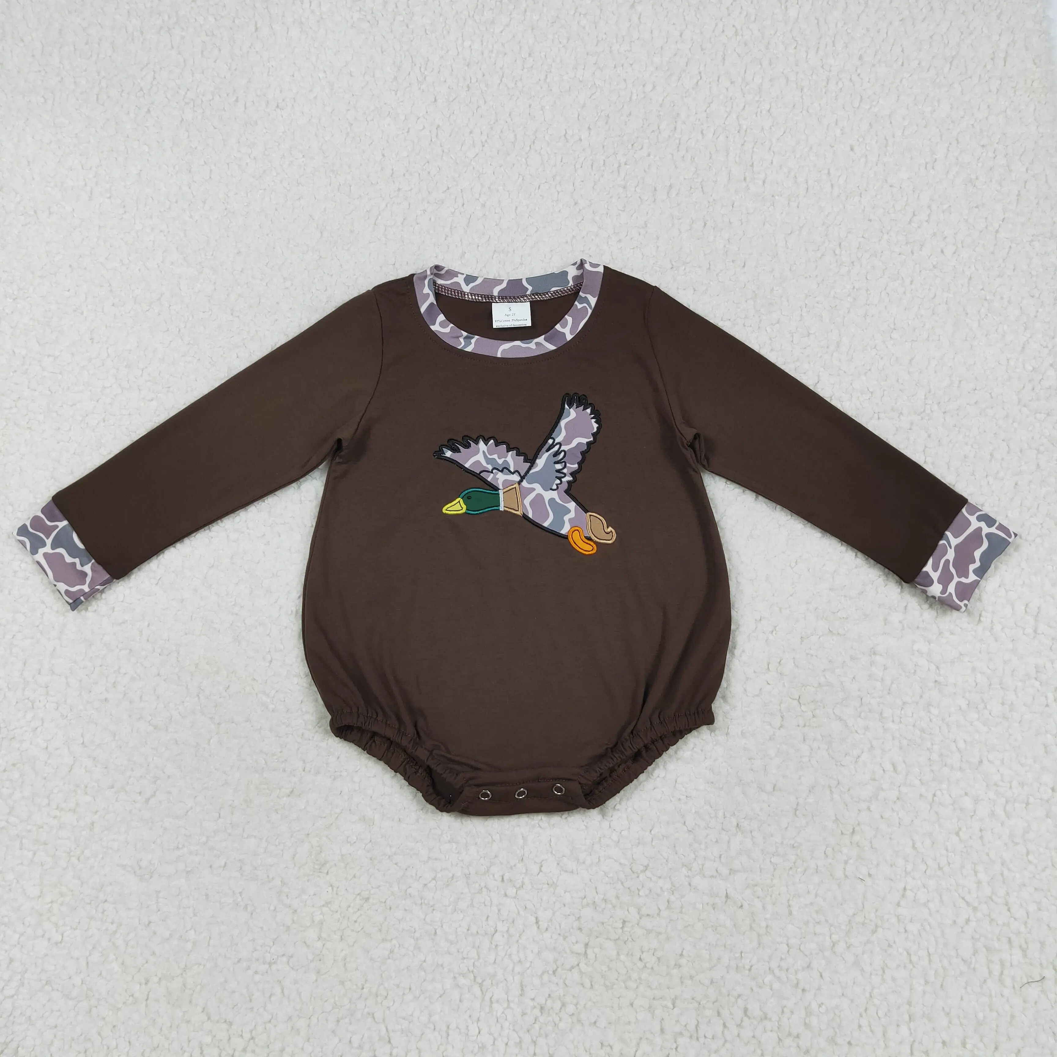 

Winter Long Sleeves Baby Rompers for Boys with Brown Duck Flowers Applique Western Boutique ODM Kids' Adorable Clothes Wholesale