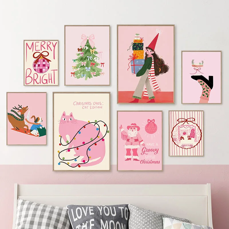 AliExpress – Santa Claus Girl Cat Christmas Tree Deer Gift Posters Prints Canvas Painting Nordic Wall Art Picture For Living Room Home Dec
