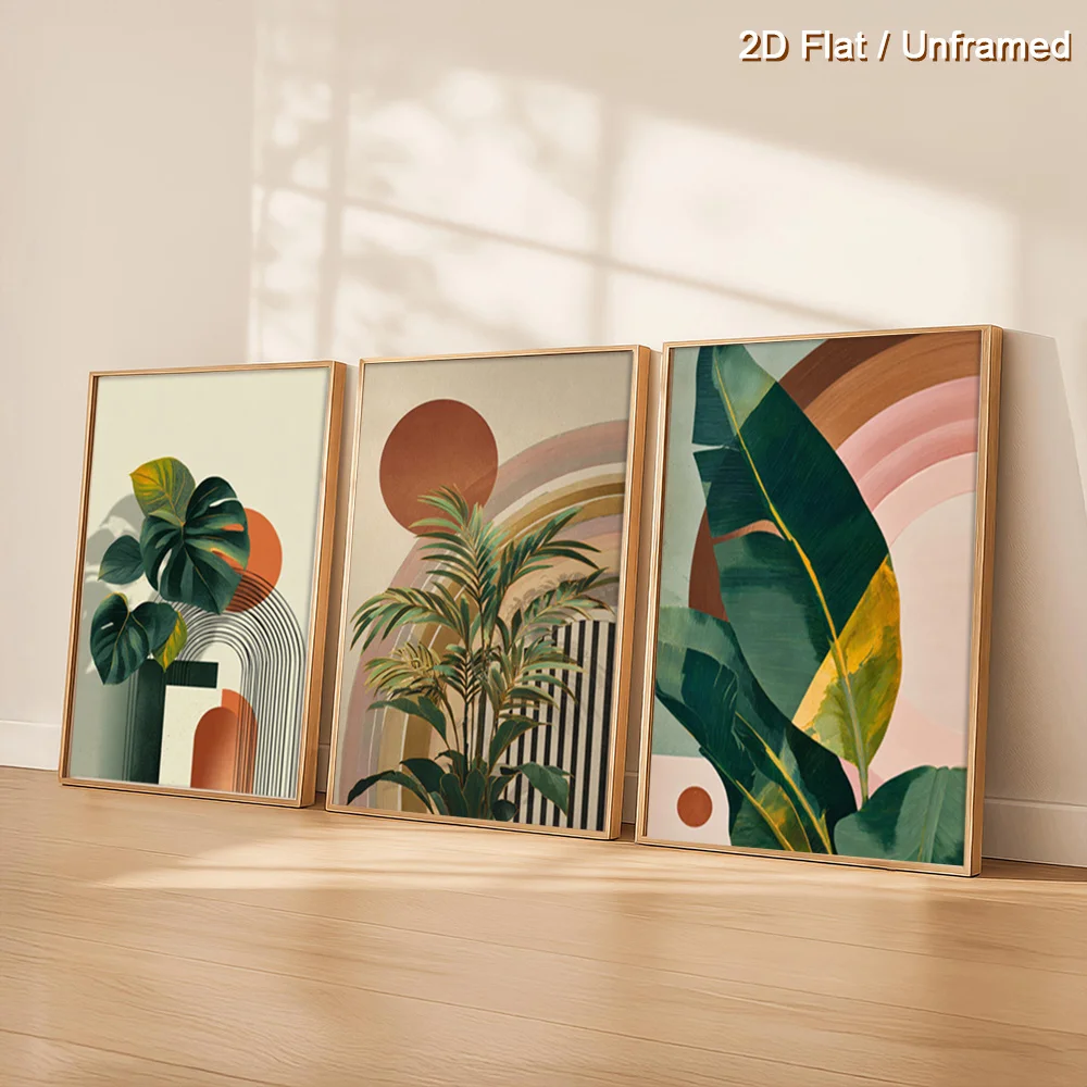 （Noframe 3PCS)-2D Flat, 2D Flat, Set of Three Unframed 2D Flat Tropical Greenery Wall Art Pieces, Featuring Geometric Abstrac