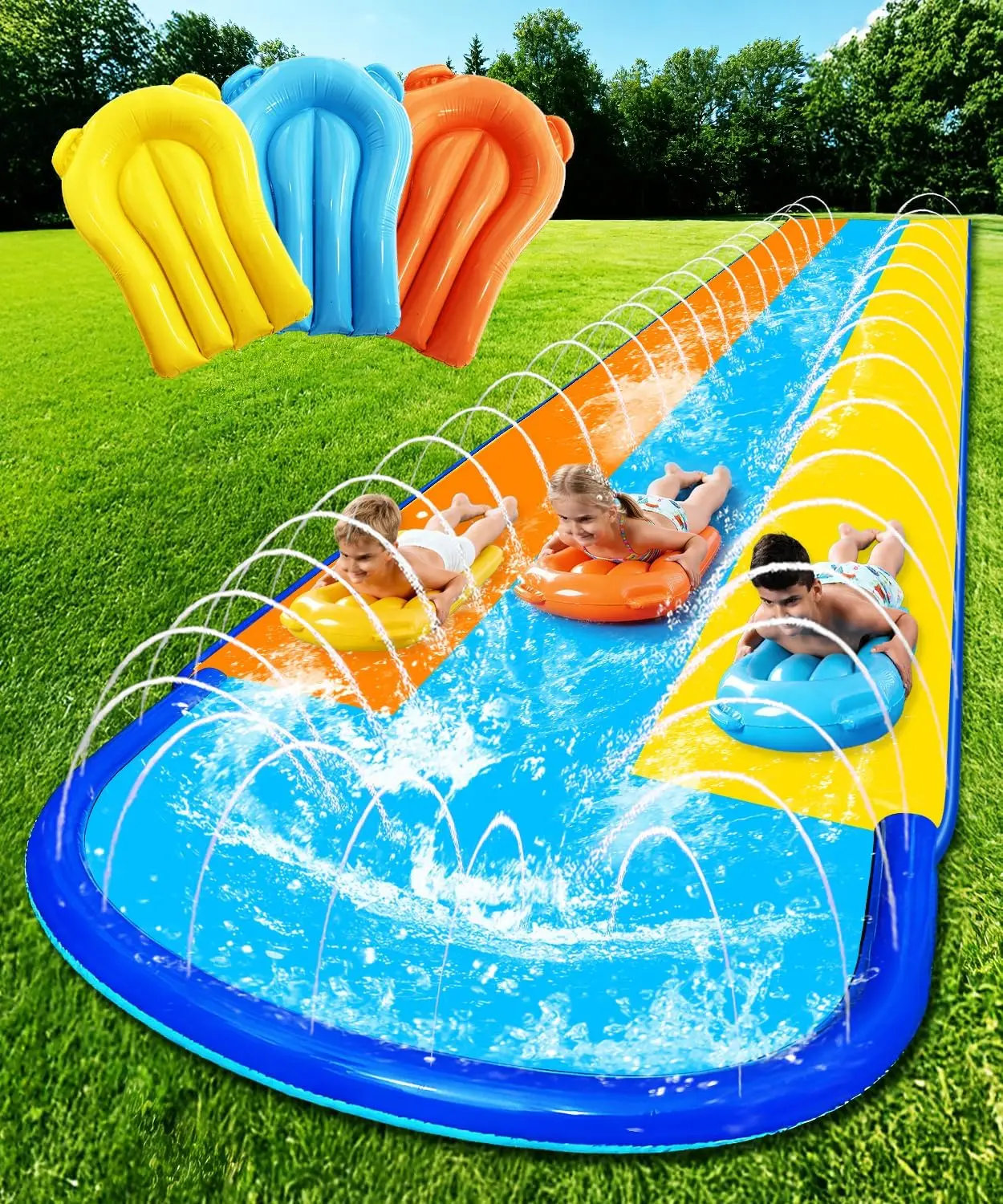 

Extra Long Triple Water Slide with 3 Bodyboards, Upgraded Sprinkler System for Kids Outdoor Fun