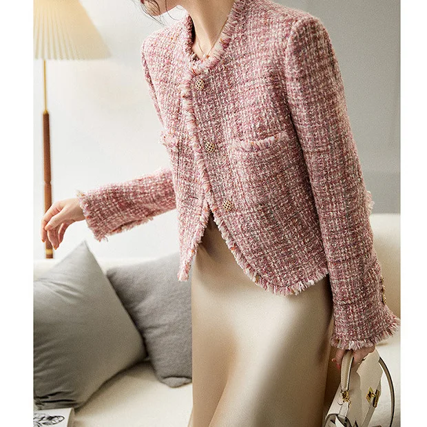 pink Tweed Wool coat spring and autumn new tweed high sense 2024 autumn short coat top women\'s jacket