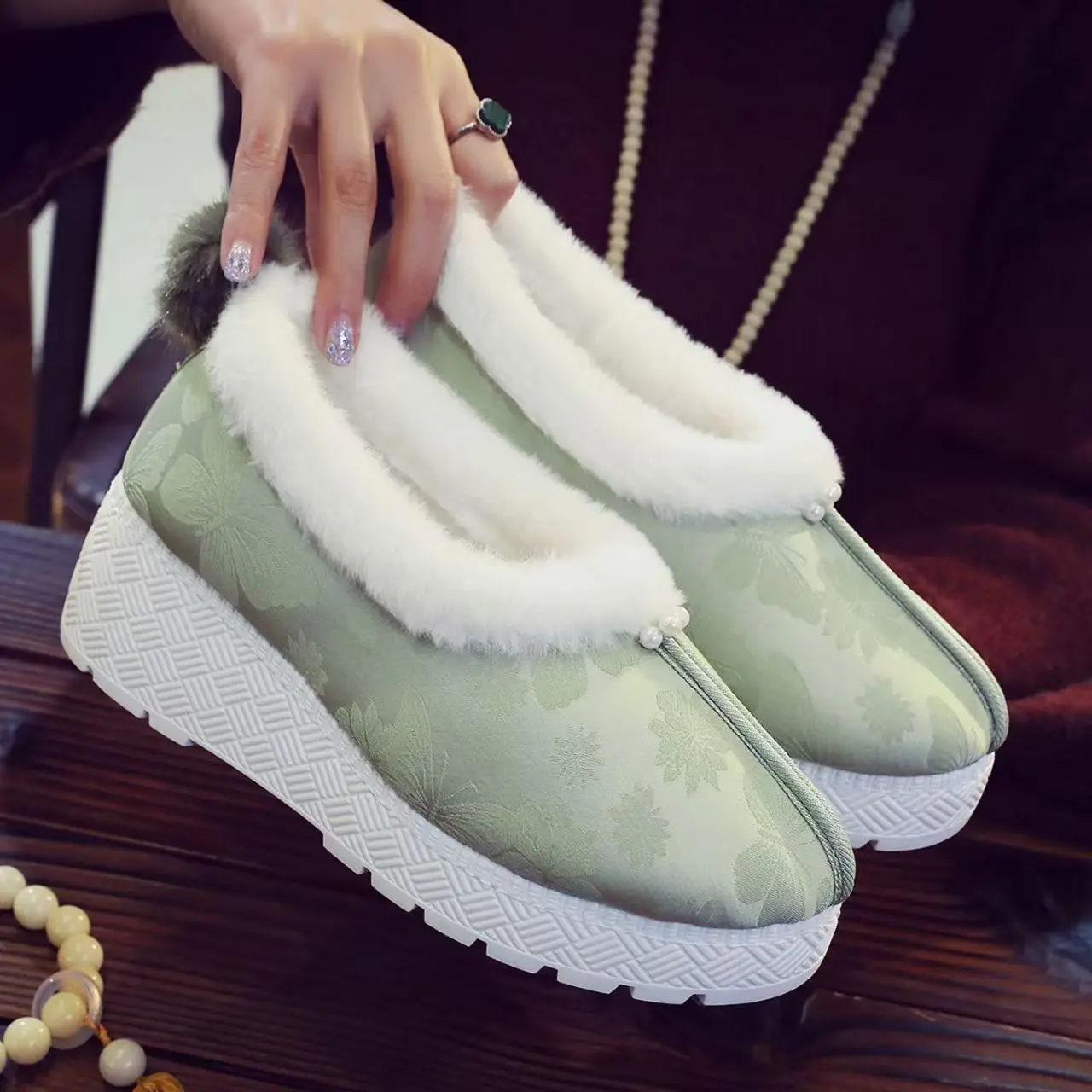 Women Wedges Shallow Hanfu Cotton Shoes Winter New Ethnic Style Thick Sole Round Toe Slip On Plush Warm Elderly Cotton Shoes