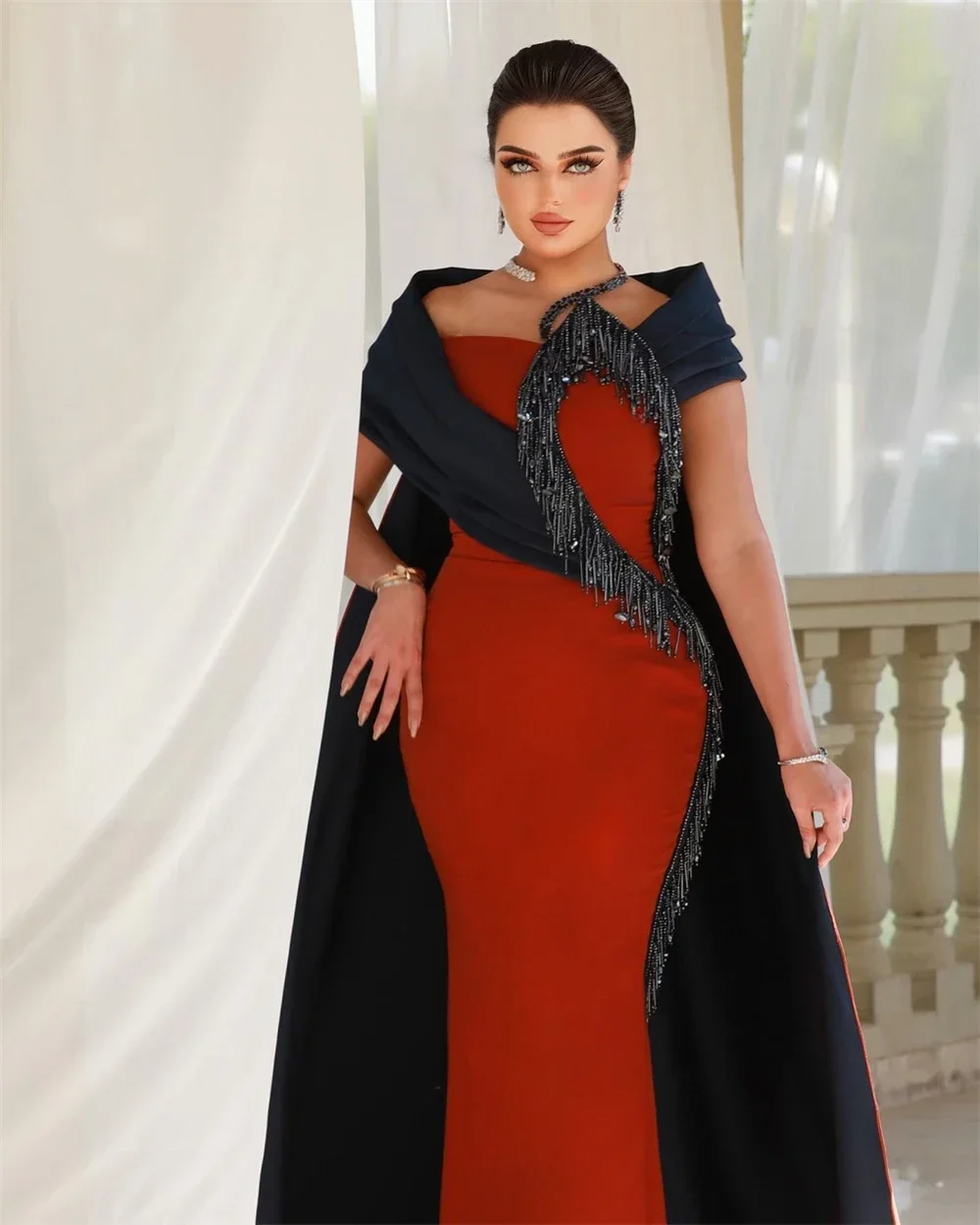 Customized Saudi Arabia Formal Evening Gown Irregular Collar Column Floor Length Tassel Skirts Vertically Bespoke Occasion Dress