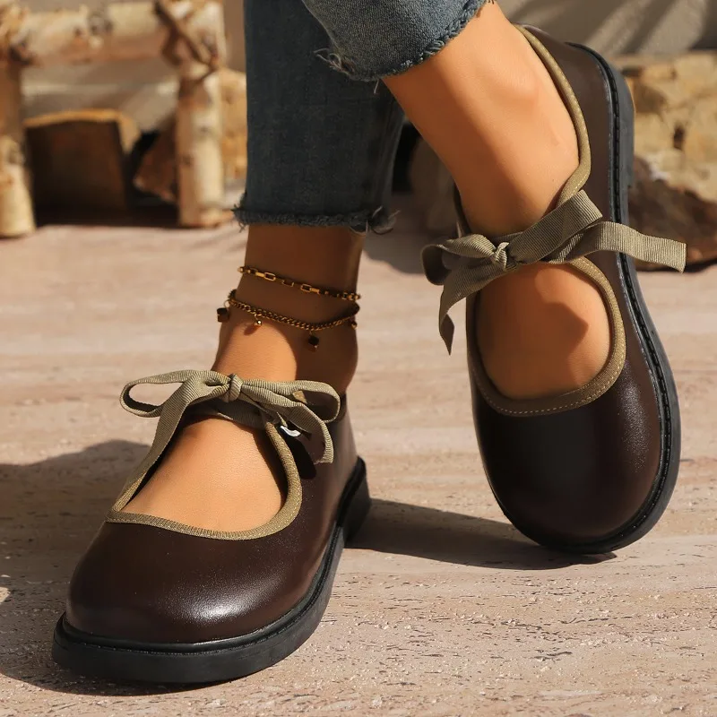 New summer style round-toe soft-soled lace-up moccasins, low heel, comfortable and casual, versatile round-toe single shoes2025