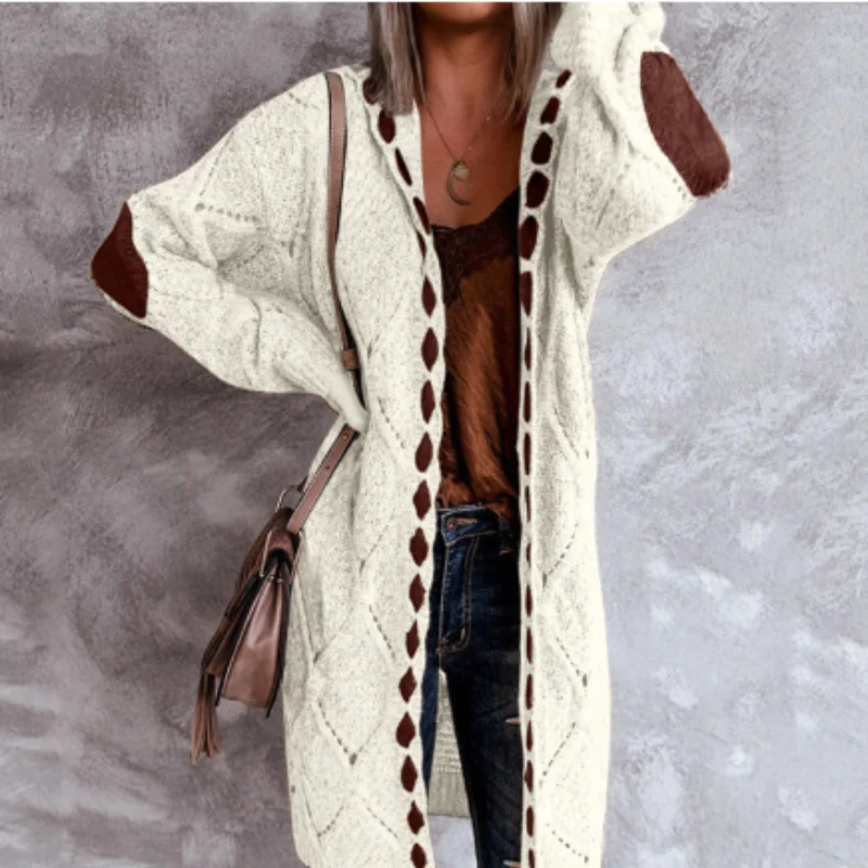 Womens Long Knit Cardigan Diamond Hollow Patch Splice Long Sleeve Loose Versatile For Daily Casual Wear