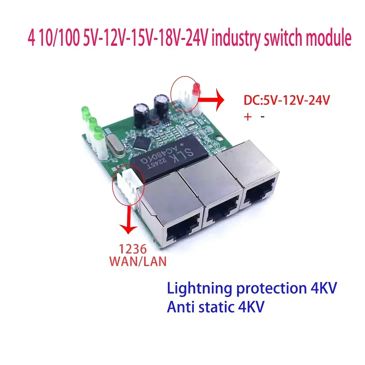 Mini módulo de interruptor industrial pcba, 4 portas, 10/100mbps, 5v, 12v, 15v, 18v, 24v, proteção contra raios, 4kv, antiestático, 4kv