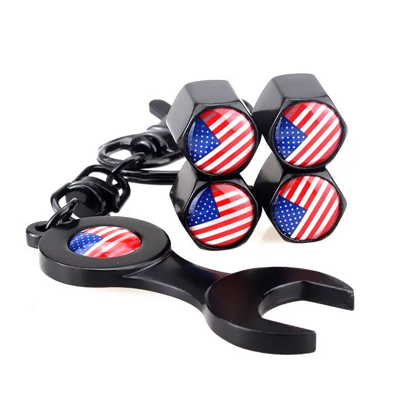 5x Black US American Flag KeyChain KeyRing Car Tire Air Valve Stem Cap Universal Accessories