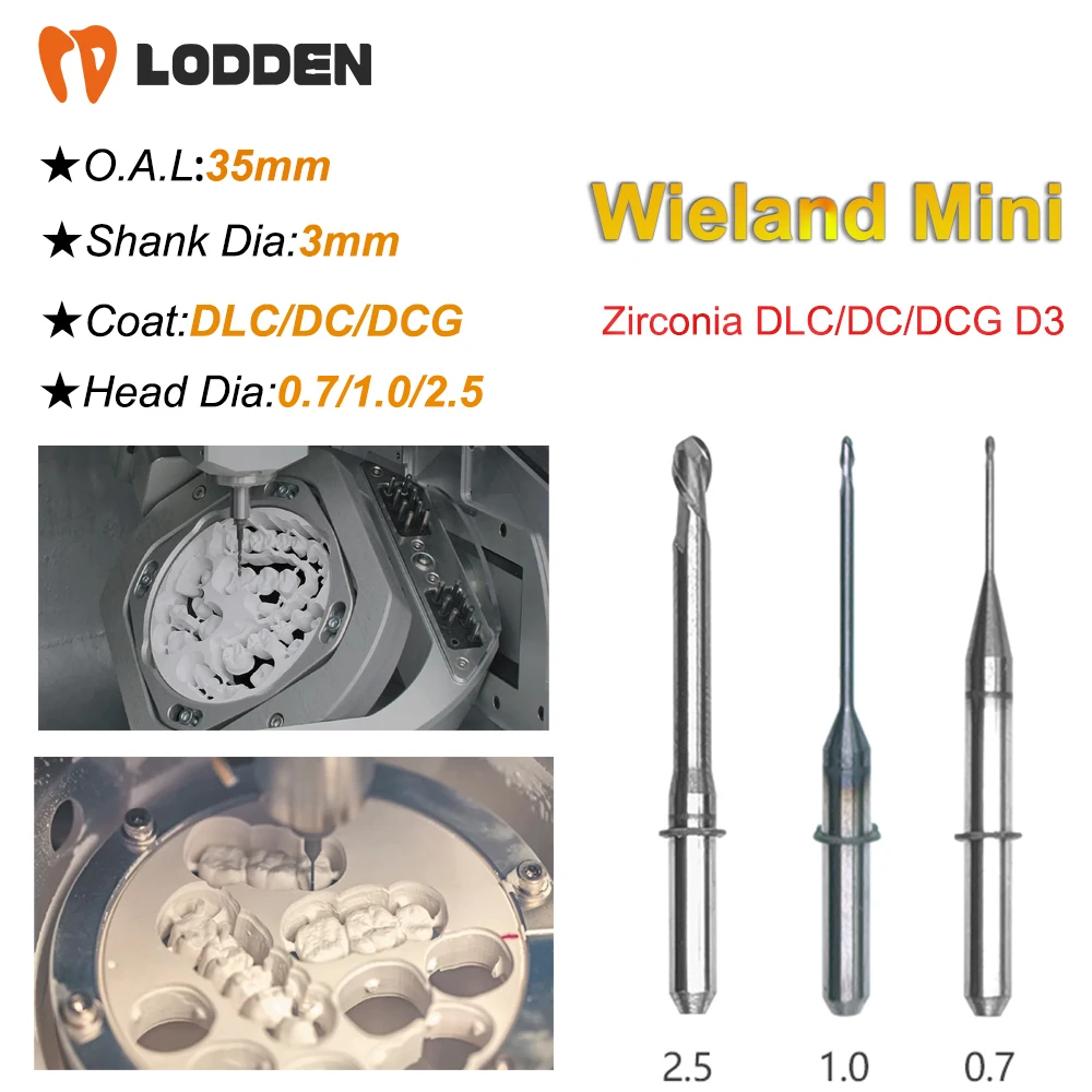 Wieland Zenotec Mini Milling Burs Grinding Zirconia D3 Shank DLC/DC/DCG Diamond Coating 35mm Length 0.7/1.0/2.5mm Grinding Tool