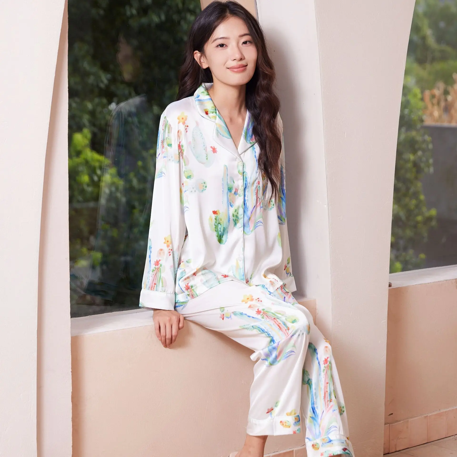 Women's Spring Summer Nightwear Sexy Flower Print Long Sleeve Shirt Pants Simple Young Girls Clothes Homewear