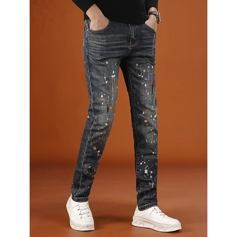 

Splash ink printed pants men, 2025 autumn street style, personalized fashion trend,, small foot elastic pants