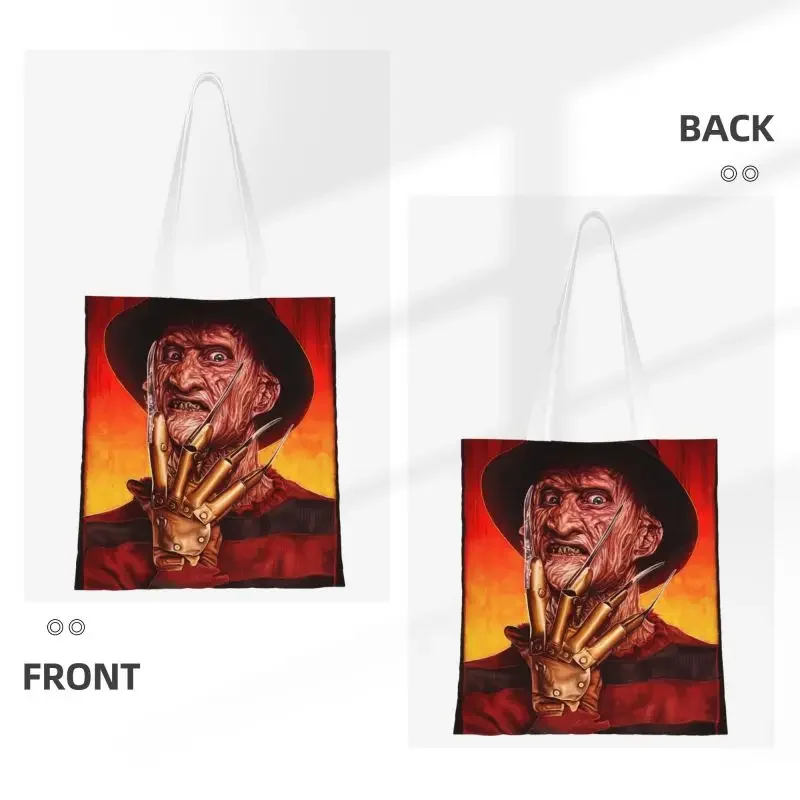 Horror Movie Groceries Shopping Bags Funny Printed Canvas Shopper Tote Shoulder Bags Durable Halloween Movie Character   Handbag