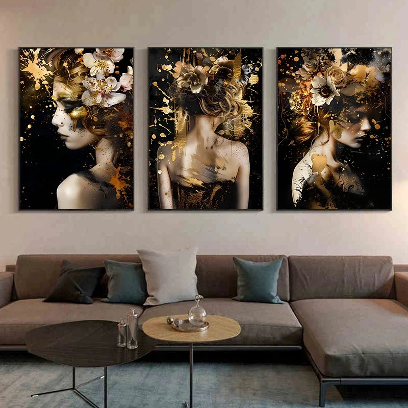 Abstrakte schwarze und goldene Blumenfrau, Leinwandgemälde, Blumenporträt, Poster, Druck, Wandkunst, Bilder für moderne Heimdekoration, Cuadro