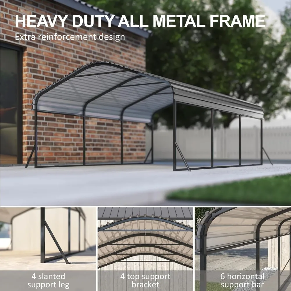 Porta-coporte de metal, dossel de carport resistente com base aprimorada, telhado de aço galvanizado e estrutura totalmente metálica, sombra de abrigo de carro de garagem