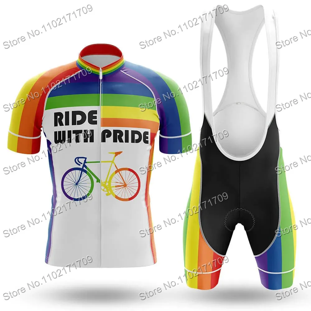 Retro Ride With Pride Funny Cycling Jersey Set Unisex Rainbow Stripes Bicycle Clothing Road Bike Shirts Suit Bicycle Bib Short